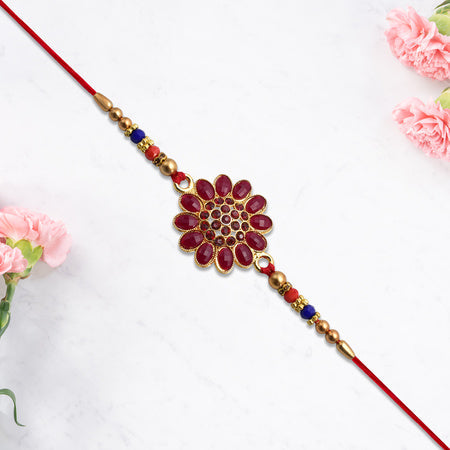 Red Floral Stone Rakhi With Bead Accents Wukusy