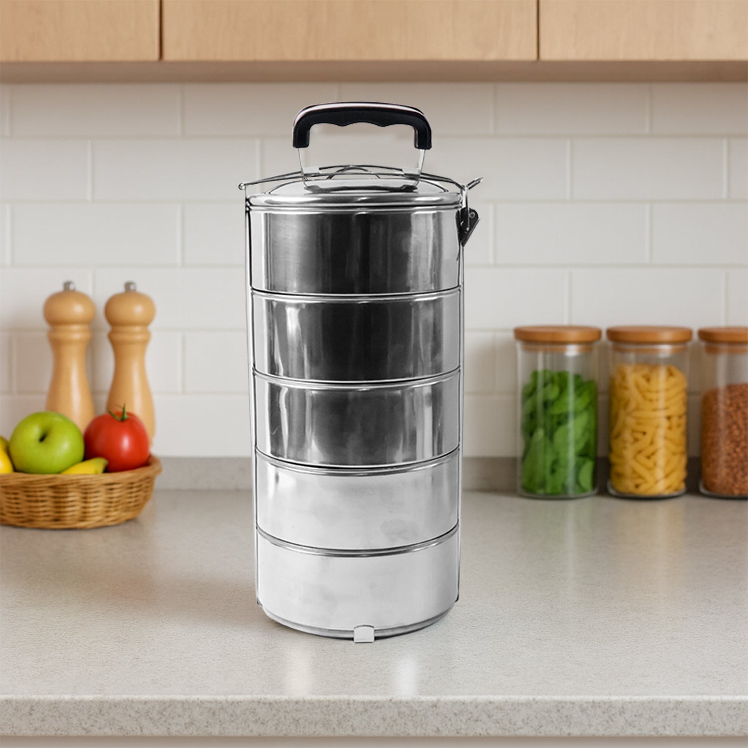 5799 Big Size 5 Compartment Lunch Box Stainless Steel Round Tiffin Traditional Tiffin Box For Kids College Office Men And Women Meal Holder With Locking Clip 5 Containers (16x5 Inch) Wukusy